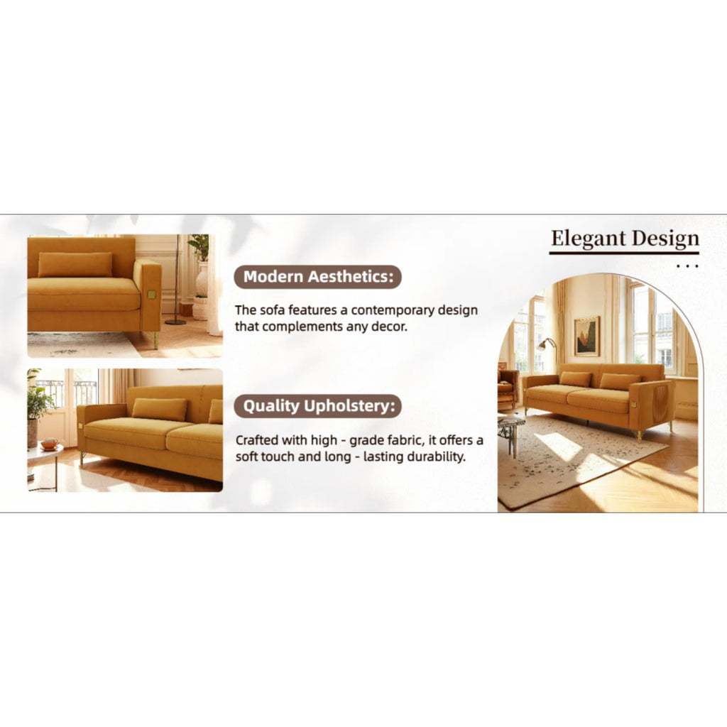 Orange Velvet Three-Seater Sofa with Metal Legs X4248