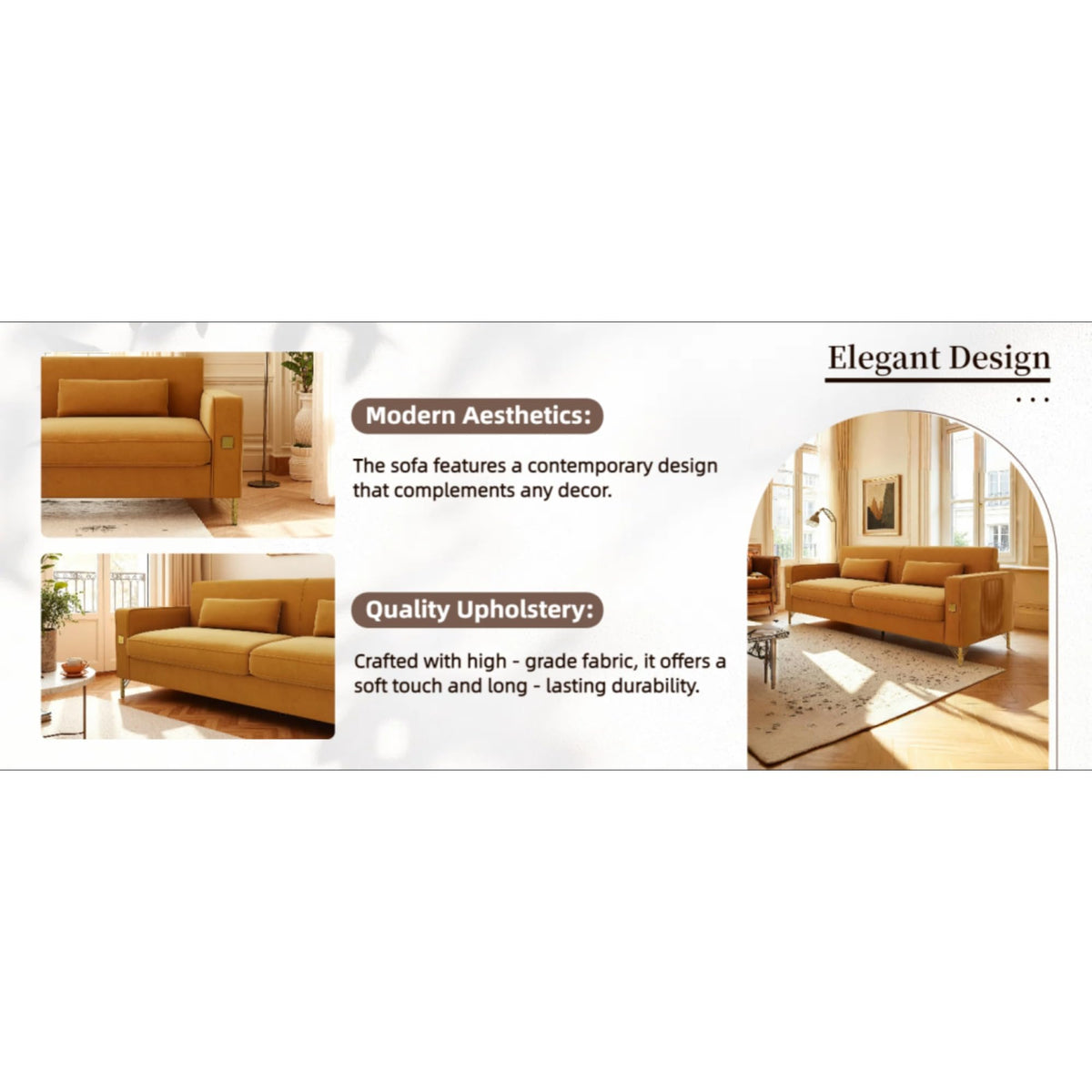 Orange Velvet Three-Seater Sofa with Metal Legs X4248
