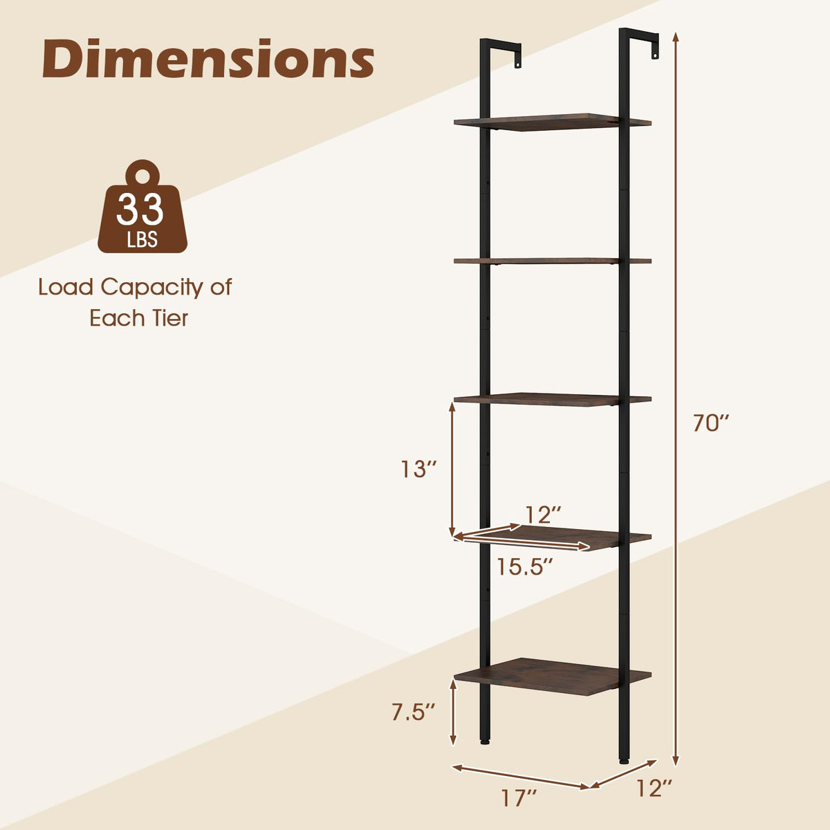 5 Tier Wall Mount Ladder Shelf with Metal Frame Y622315