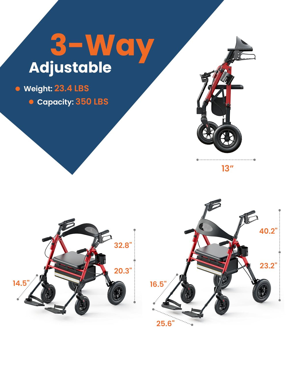 Lightweight Aluminum Folding Rollator & Transport Wheelchair with Seat T370273