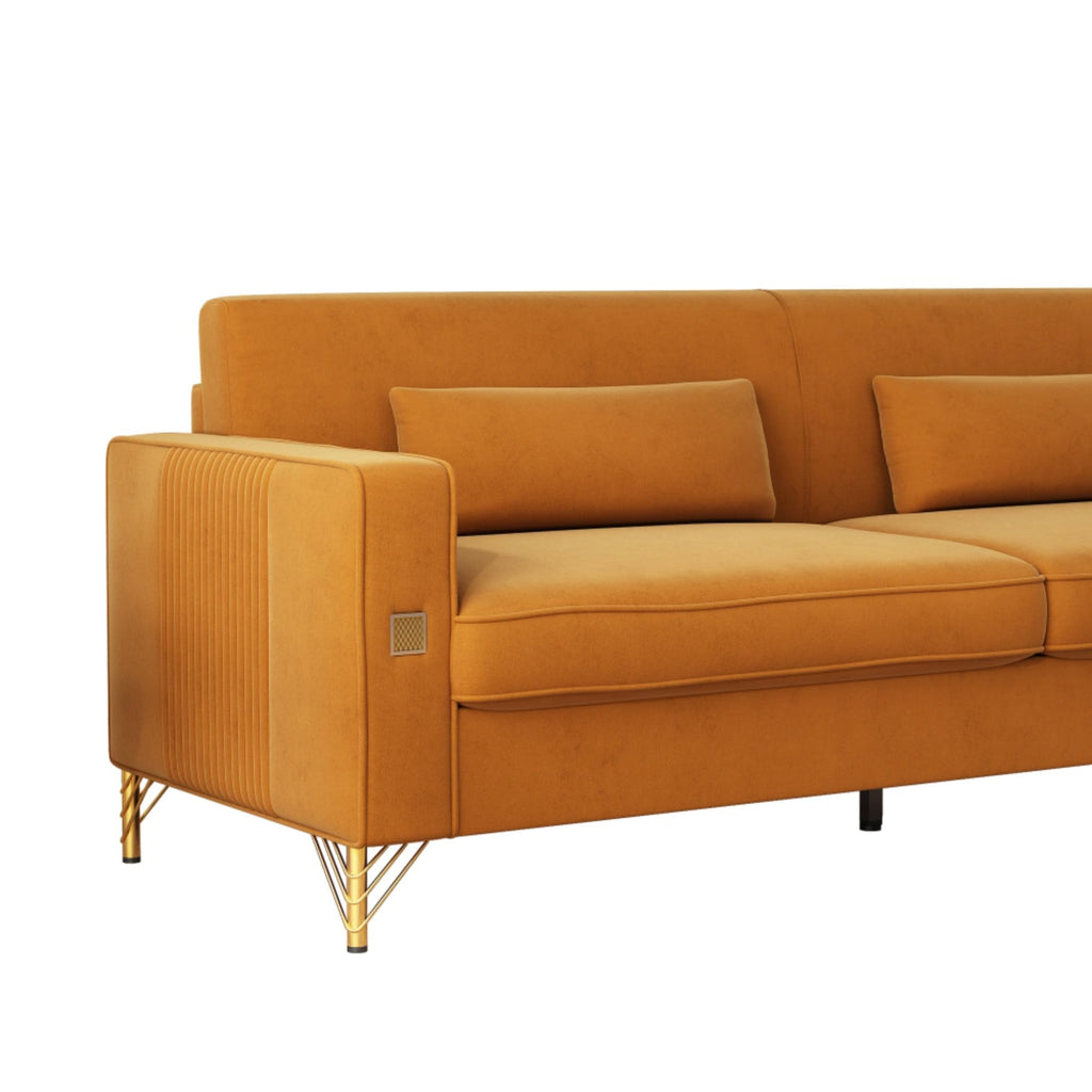 Orange Velvet Three-Seater Sofa with Metal Legs X4248
