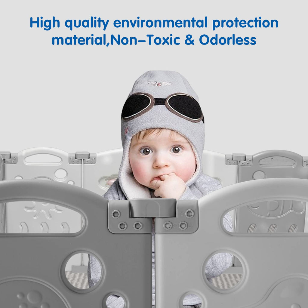 18 Panel Grey White Foldable Kids Playpen Safety Lock Gate J15412