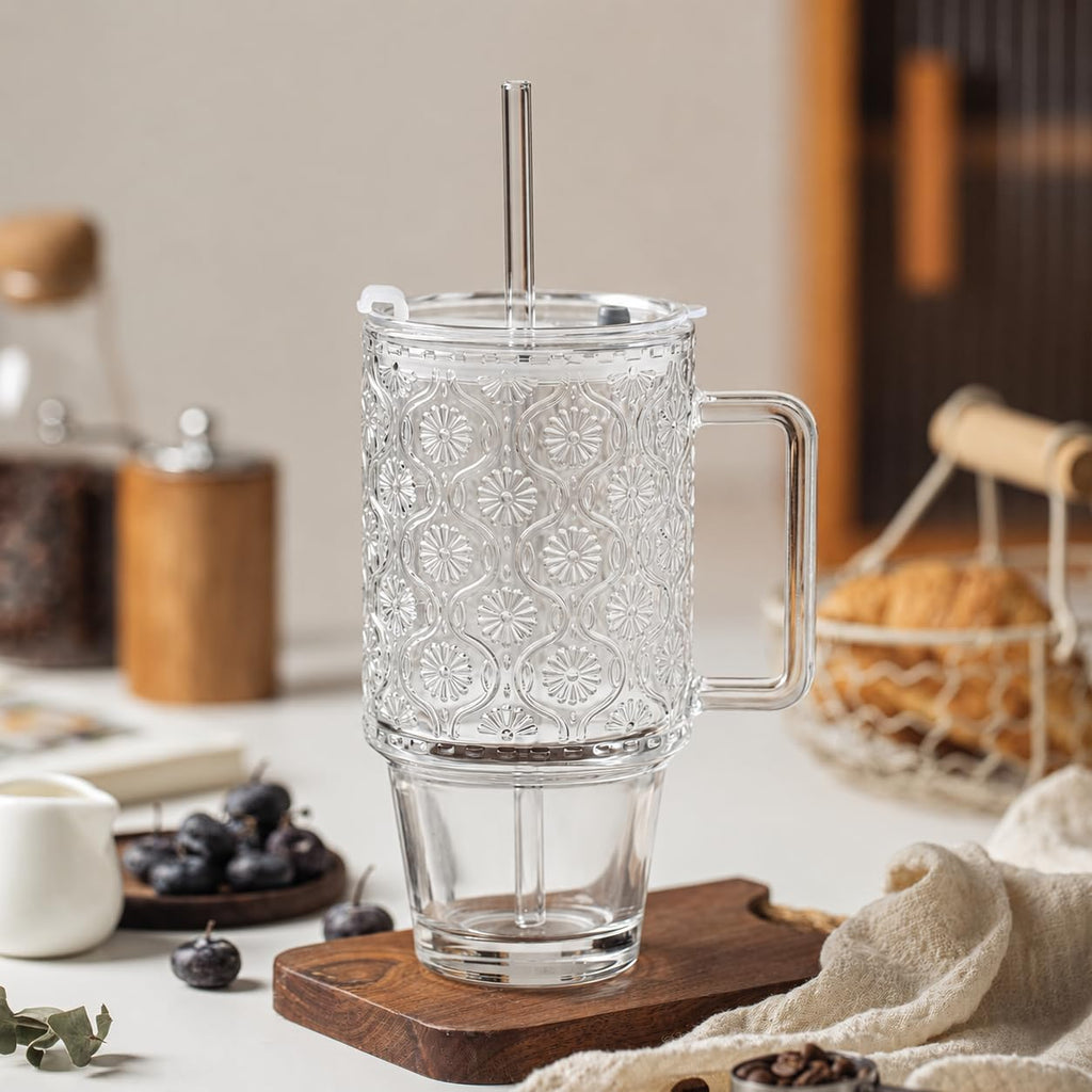 24 Oz Ribbed Glass Tumblers with Lids and Straws W44621