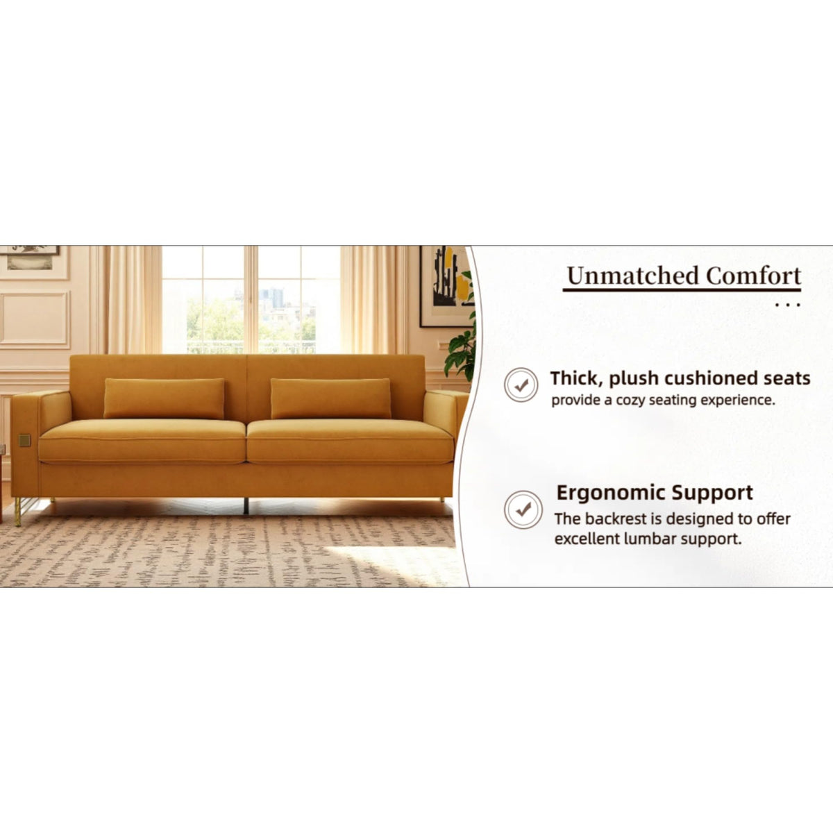 Orange Velvet Three-Seater Sofa with Metal Legs X4248