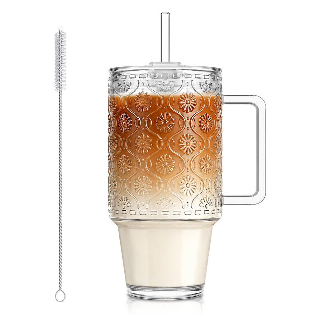 24 Oz Ribbed Glass Tumblers with Lids and Straws W44621