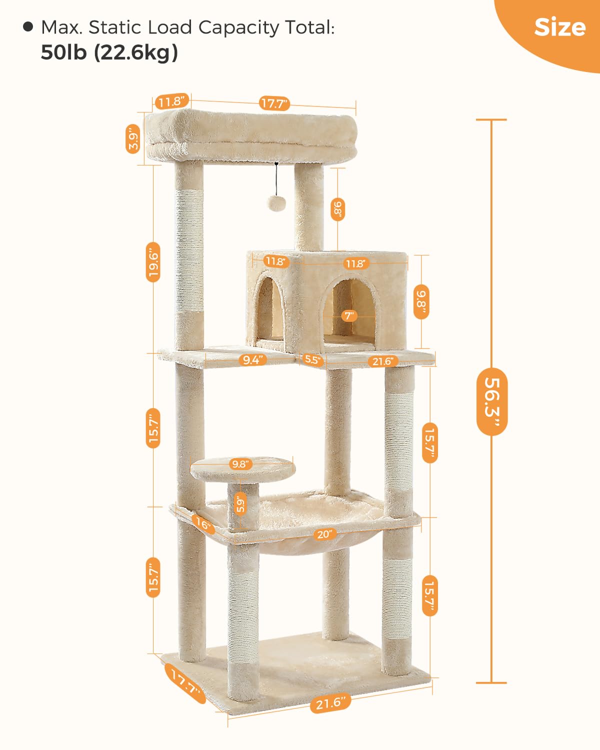 Beige 56.3" 6-Tier Cat Tree with Hammock and Condo V7869