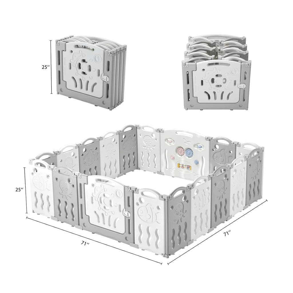 18 Panel Grey White Foldable Kids Playpen Safety Lock Gate J15412