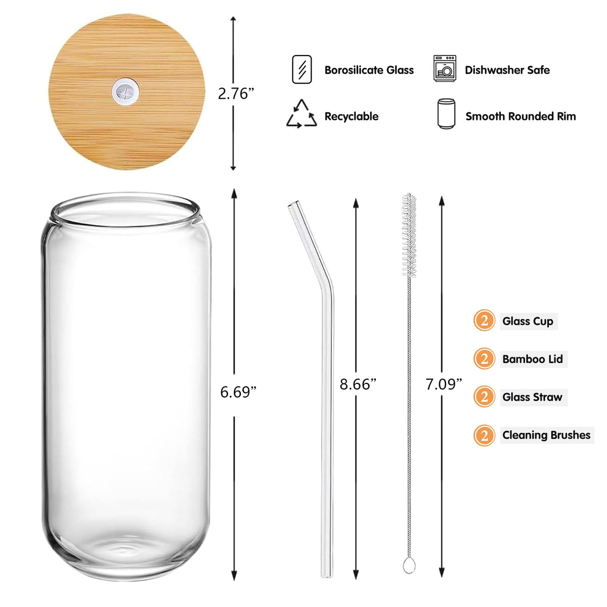 20 oz Glass Cups with Lids and Straws Set of 2 Q3635