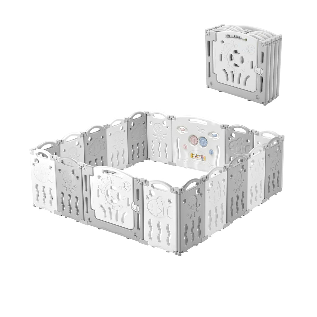 18 Panel Grey White Foldable Kids Playpen Safety Lock Gate J15412