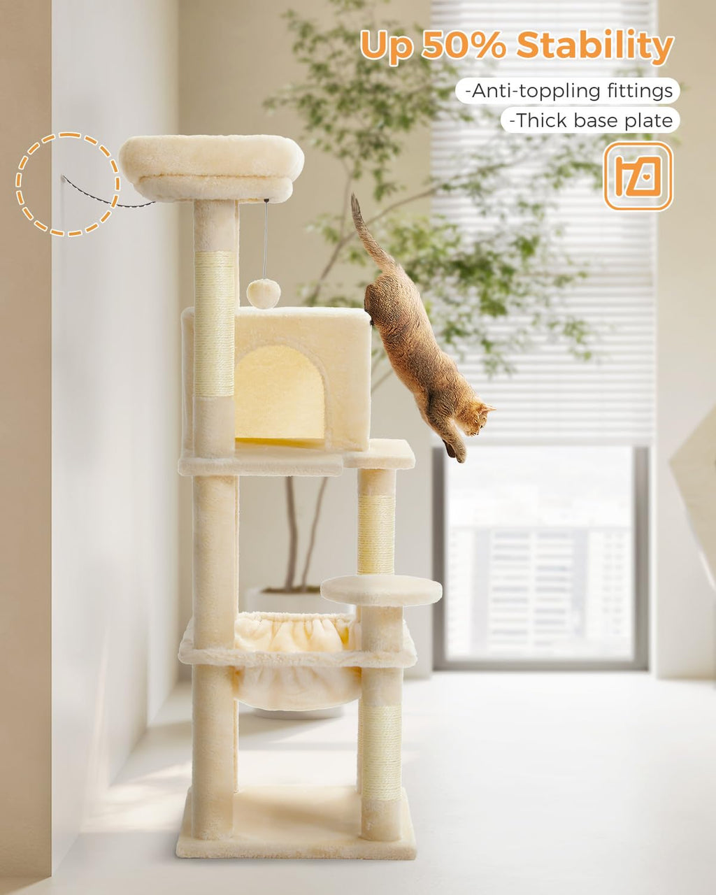 Beige 56.3" 6-Tier Cat Tree with Hammock and Condo V7869