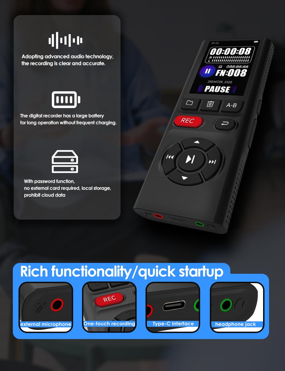 64GB Digital Voice Recorder with Playback USB I7673