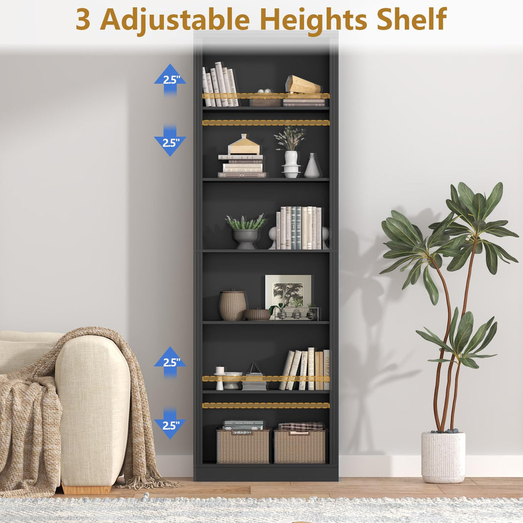Black 75" Tall 6 Tier Adjustable Bookshelf N99858