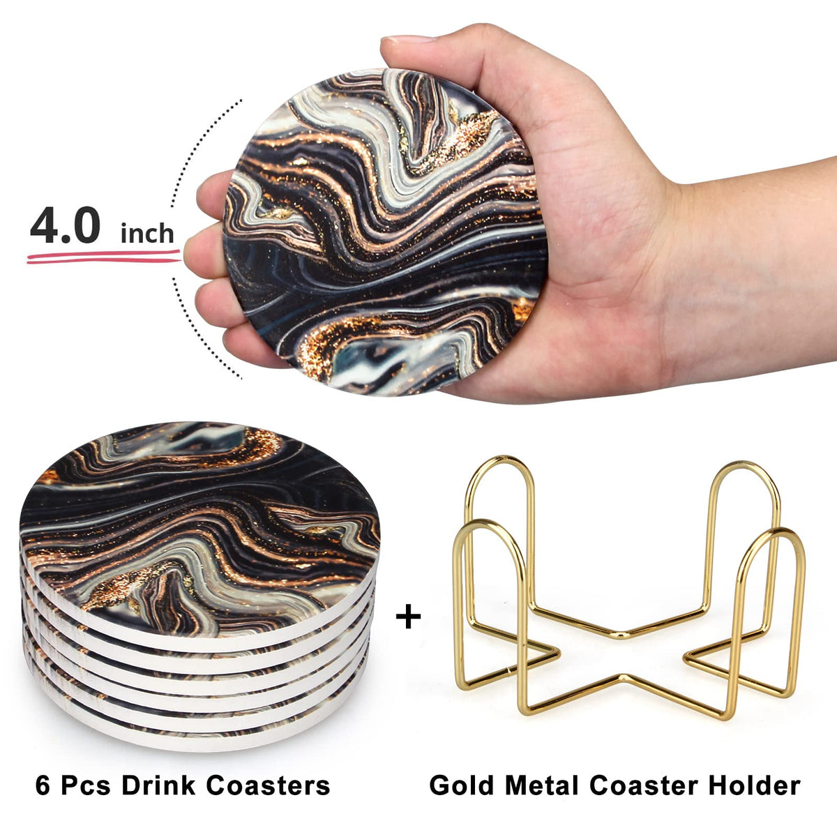 Black and Gold Marble Coasters with Holder X3861