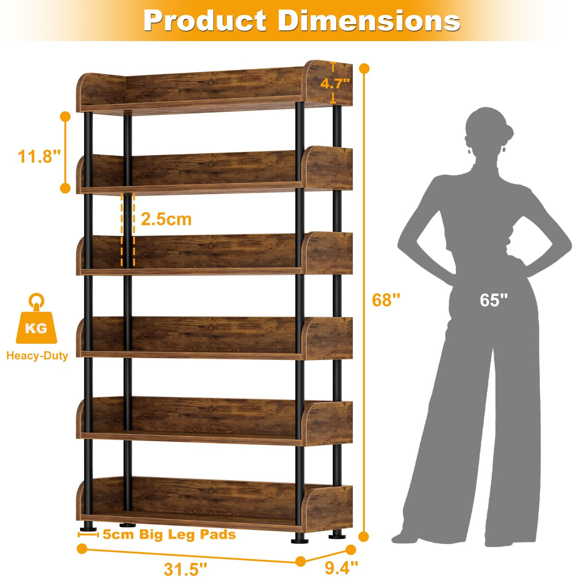 6-Tier Tall Open Bookshelf with Metal Frame F7946