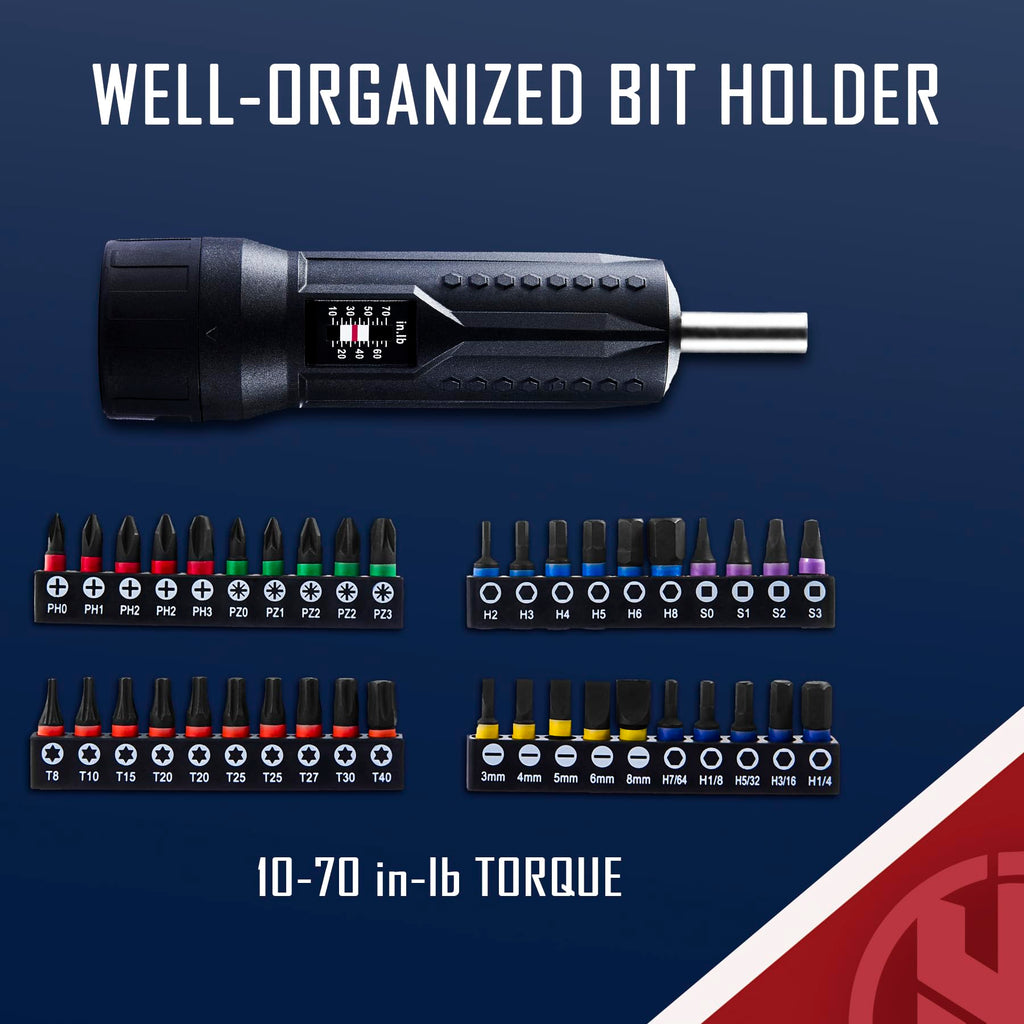 Torque Screwdriver Wrench Set 10-70 Inch Pounds with T-bar Handle, 40 Hex Bits, 1/4" Socket, Black T6905