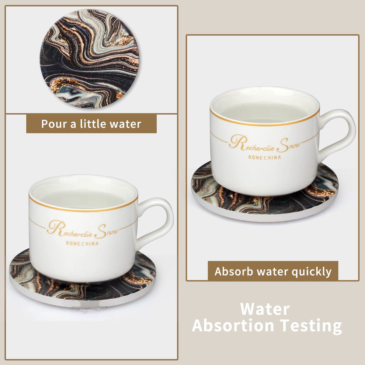 Black and Gold Marble Coasters with Holder X3861