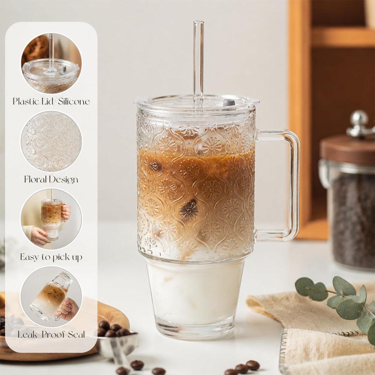 24 Oz Ribbed Glass Tumblers with Lids and Straws W44621