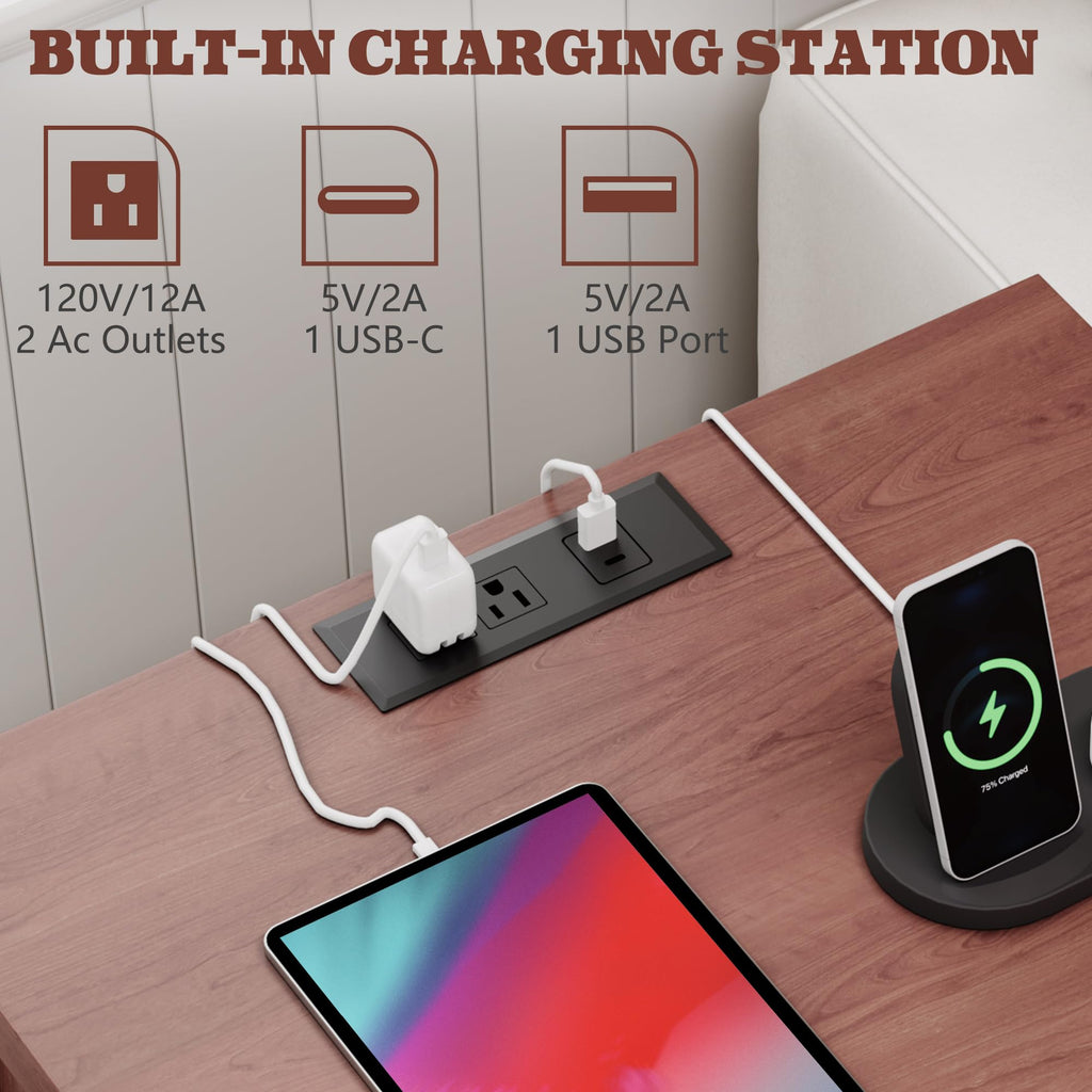 Cherry Brown 3 Drawer Nightstand with Charging Station B973