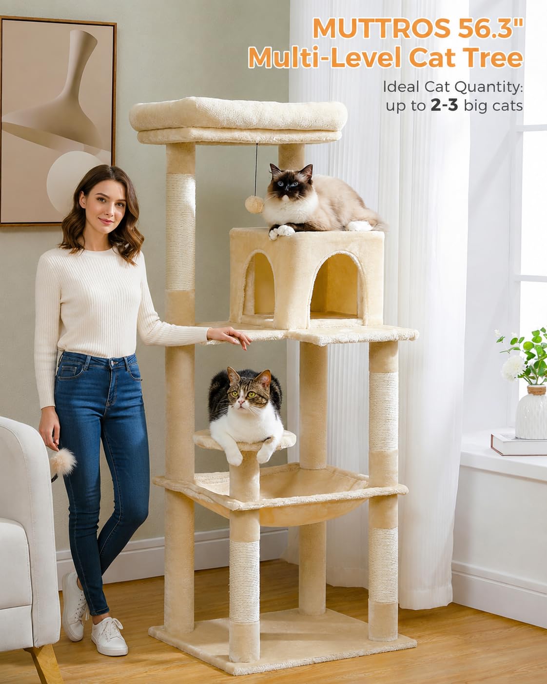 Beige 56.3" 6-Tier Cat Tree with Hammock and Condo V7869