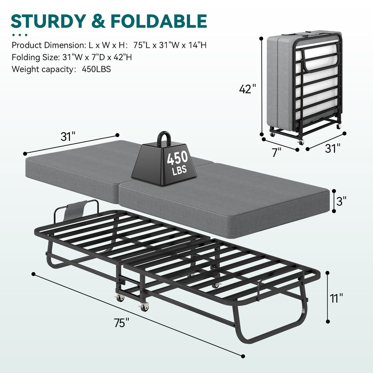 Folding Bed on Wheels 75" x 31" N979898
