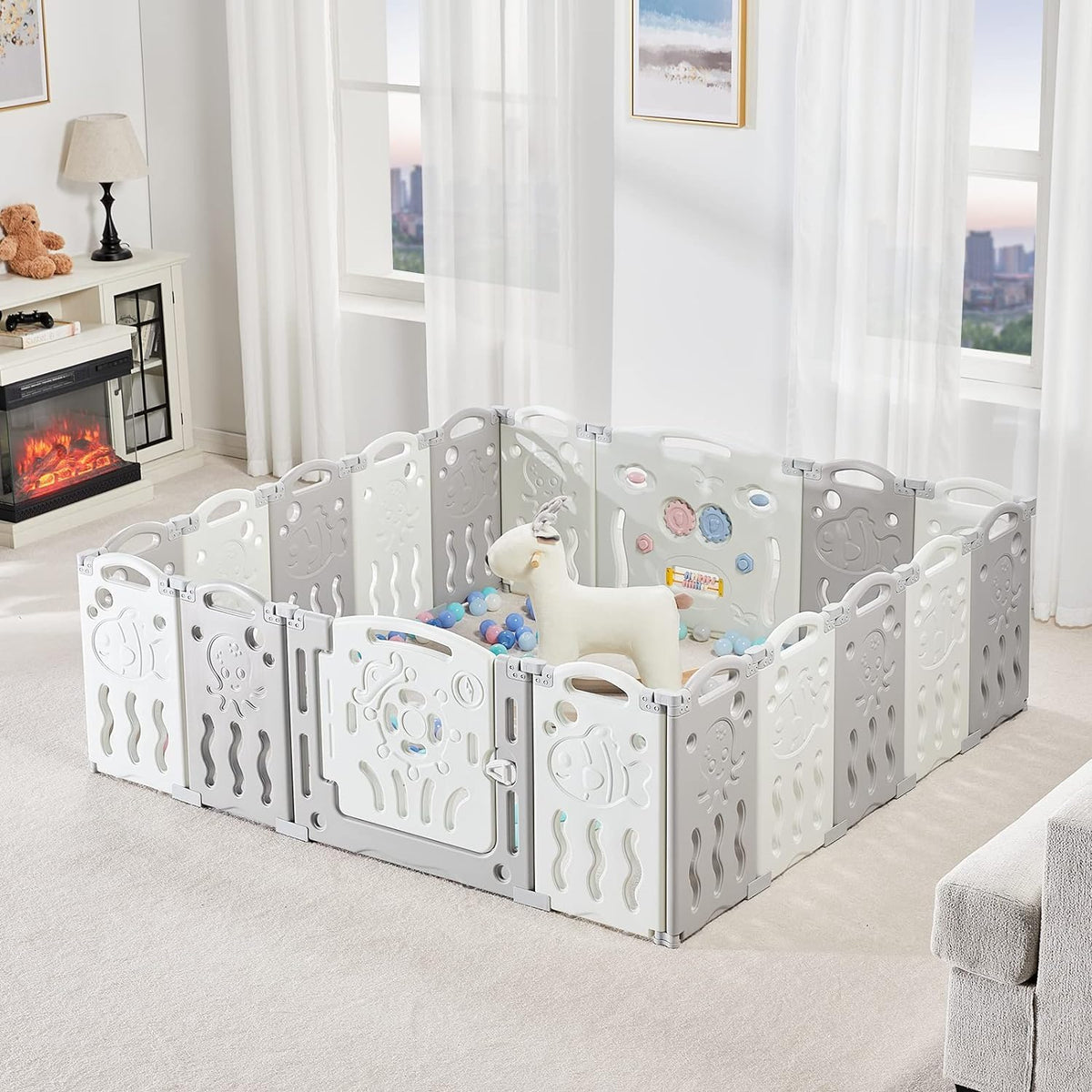 18 Panel Grey White Foldable Kids Playpen Safety Lock Gate J15412