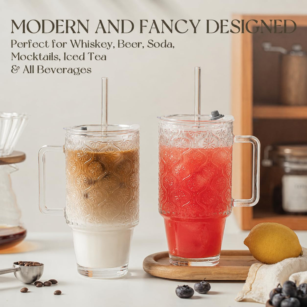 24 Oz Ribbed Glass Tumblers with Lids and Straws W44621