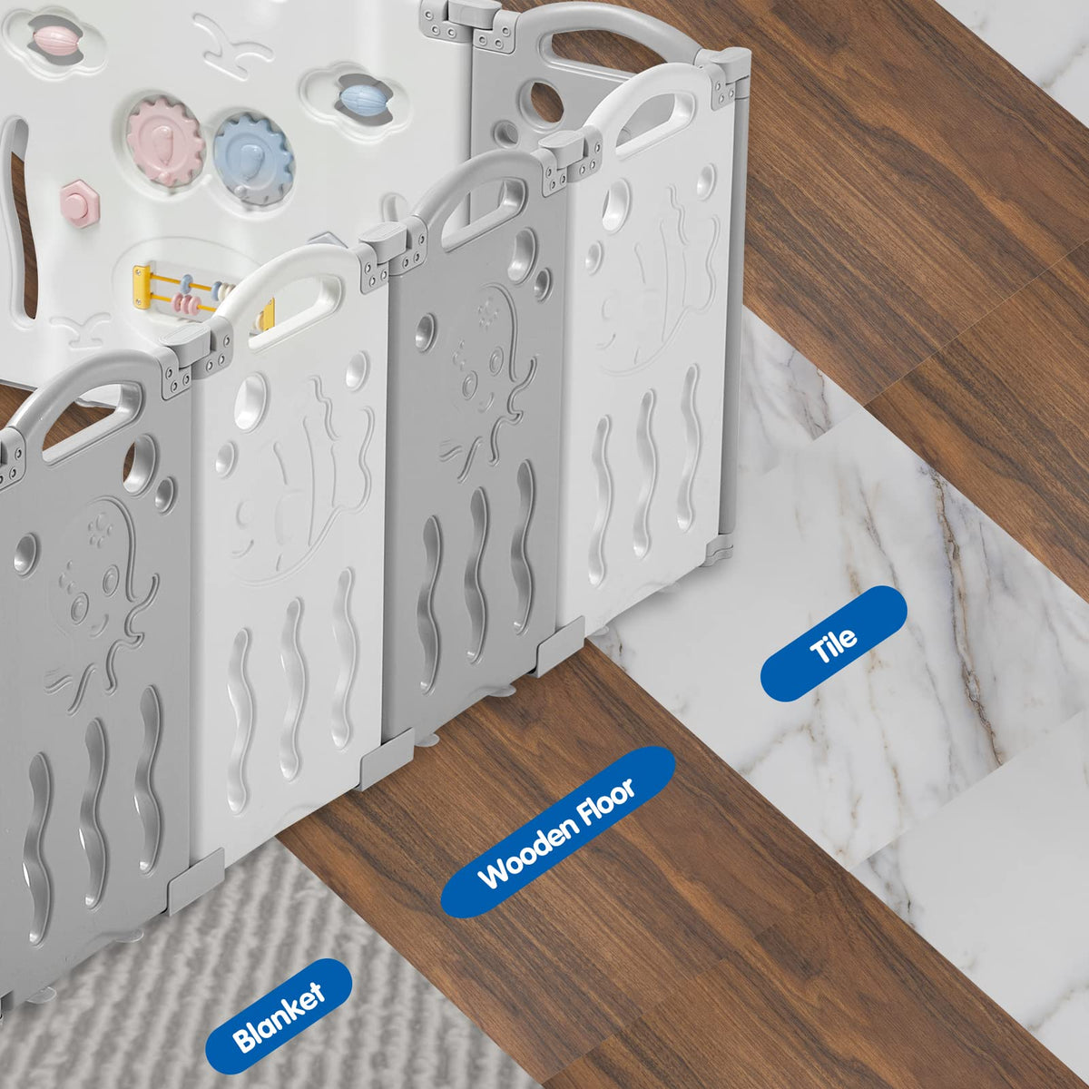 18 Panel Grey White Foldable Kids Playpen Safety Lock Gate J15412