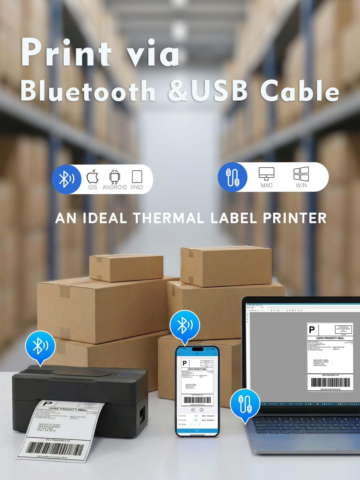 Bluetooth Thermal Shipping Label Printer 4x6 Black A256560