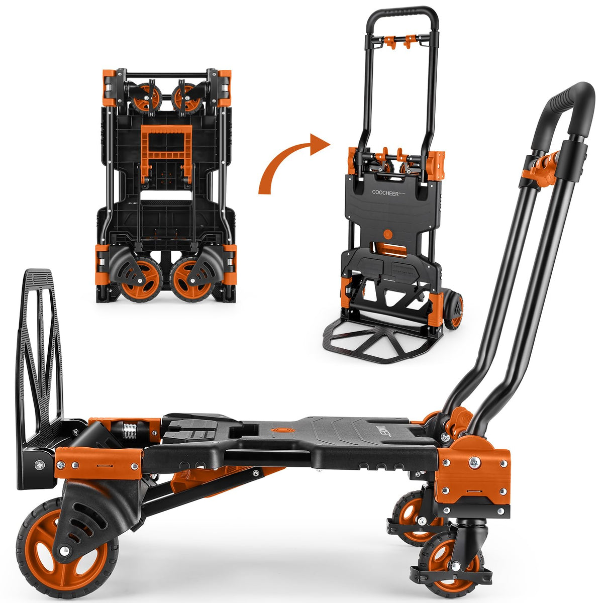 Folding Hand Truck Dolly, 330lb 4 to 2 Wheel Moving Cart, Orange F1314