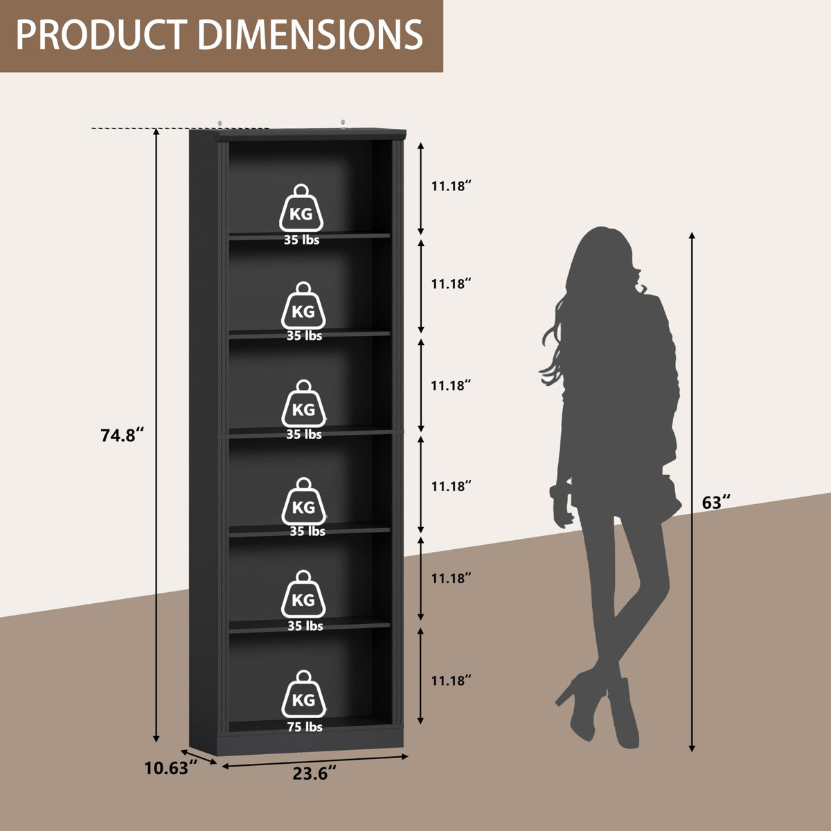 Black 75" Tall 6 Tier Adjustable Bookshelf N99858