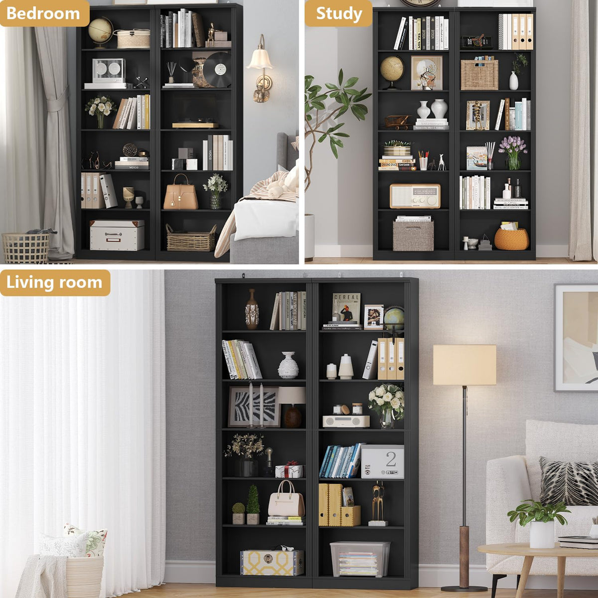 Black 75" Tall 6 Tier Adjustable Bookshelf N99858