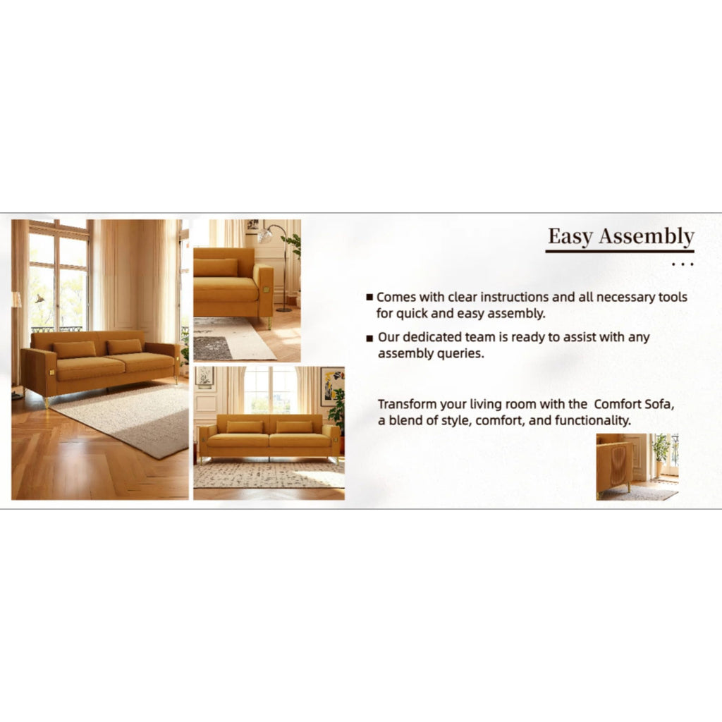 Orange Velvet Three-Seater Sofa with Metal Legs X4248