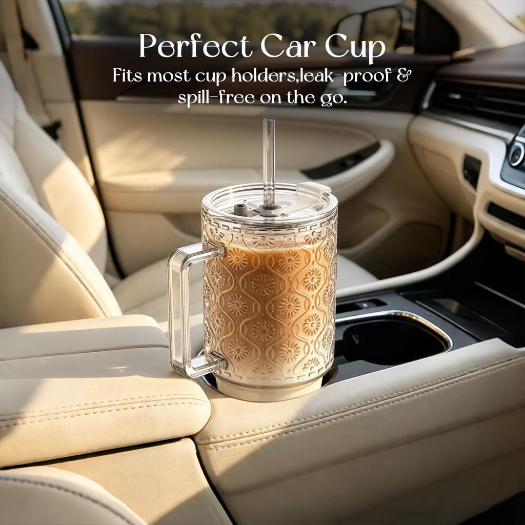 24 Oz Ribbed Glass Tumblers with Lids and Straws W44621