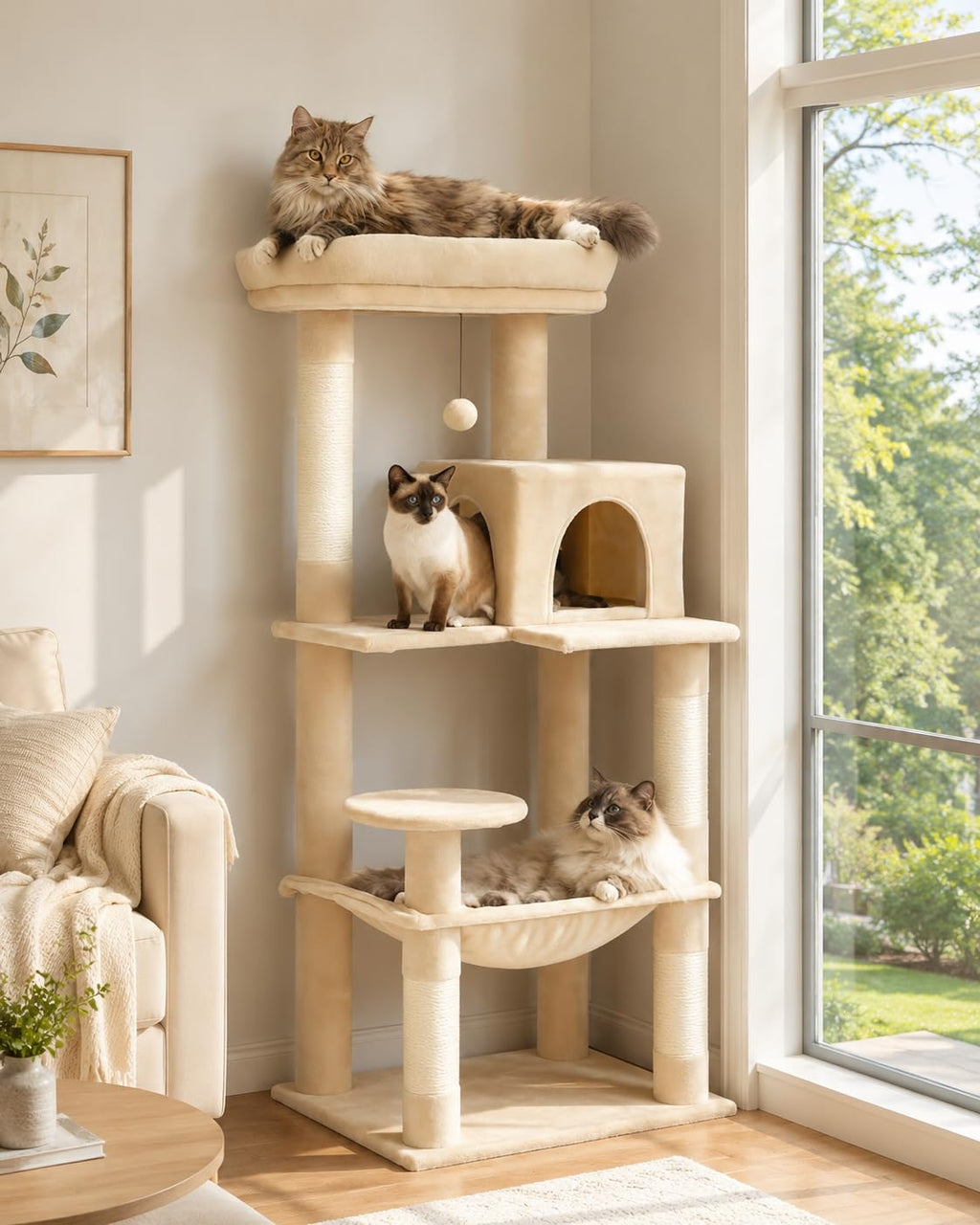 Beige 56.3" 6-Tier Cat Tree with Hammock and Condo V7869
