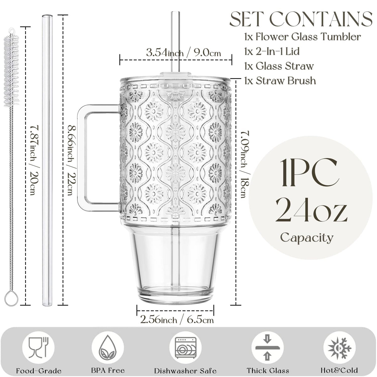 24 Oz Ribbed Glass Tumblers with Lids and Straws W44621