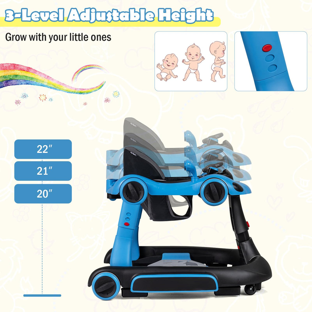 Foldable Baby Walker with Canopy and Wheels Q186