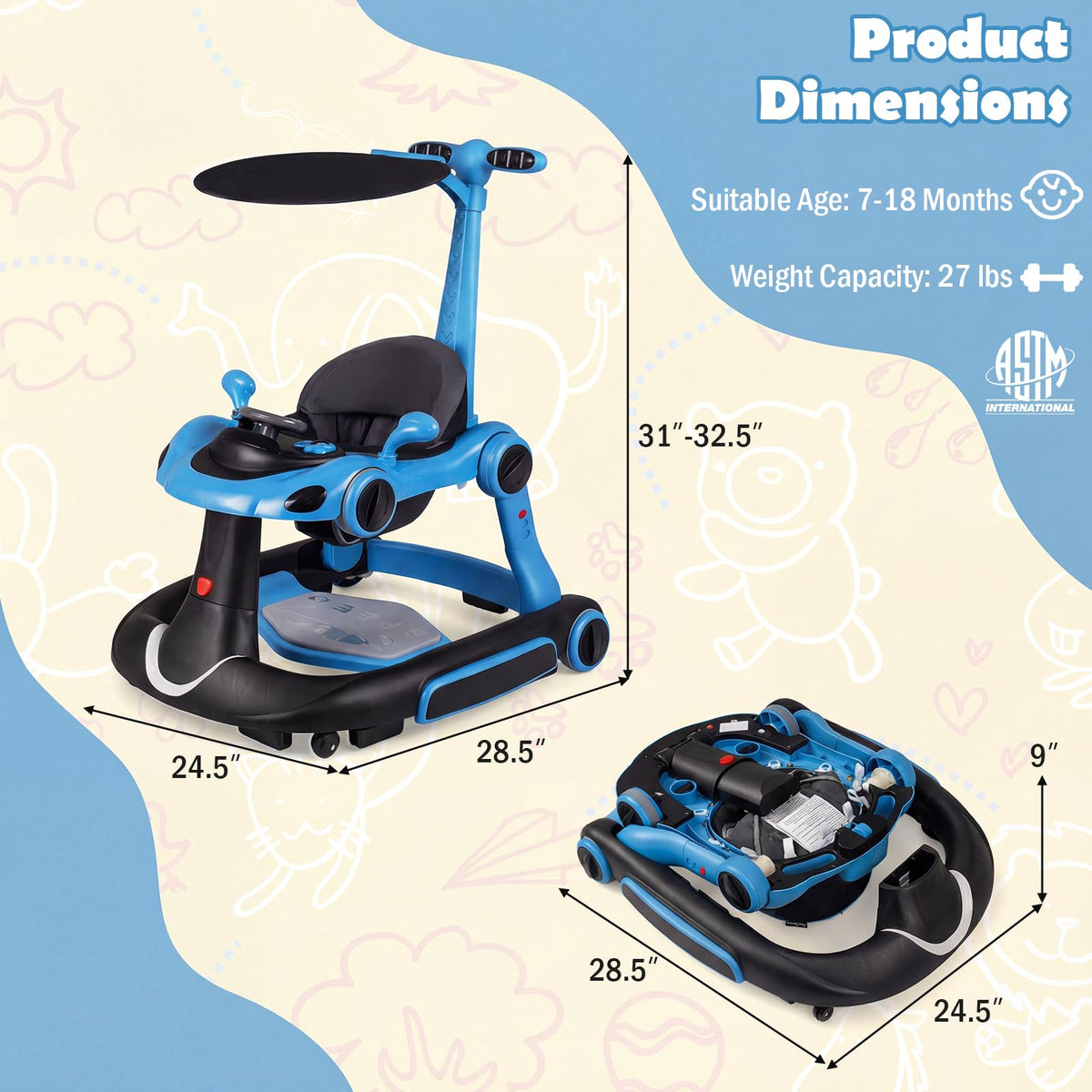 Foldable Baby Walker with Canopy and Wheels Q186