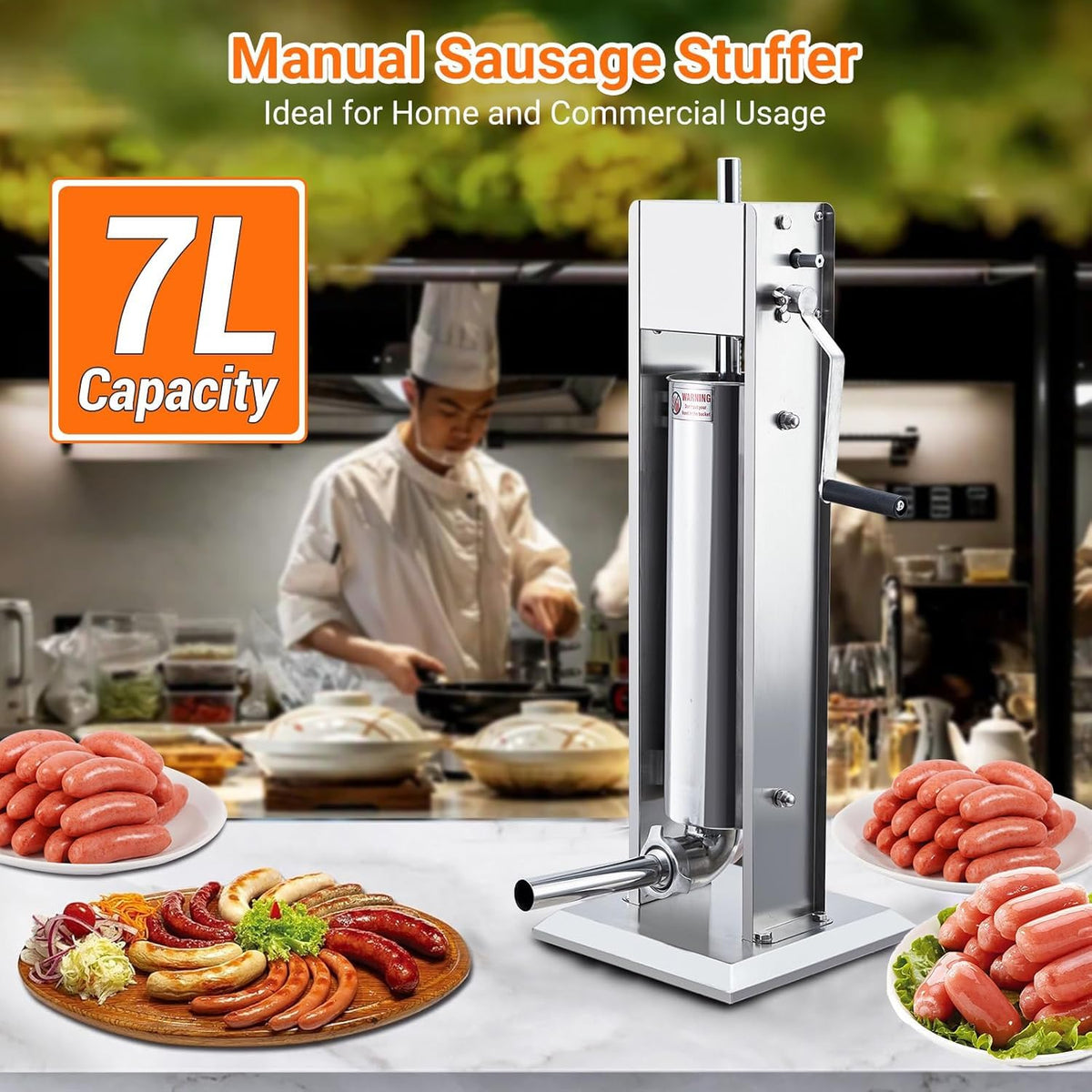 7L Stainless Steel Vertical Sausage Stuffer with 5 Stuffing Tubes X223