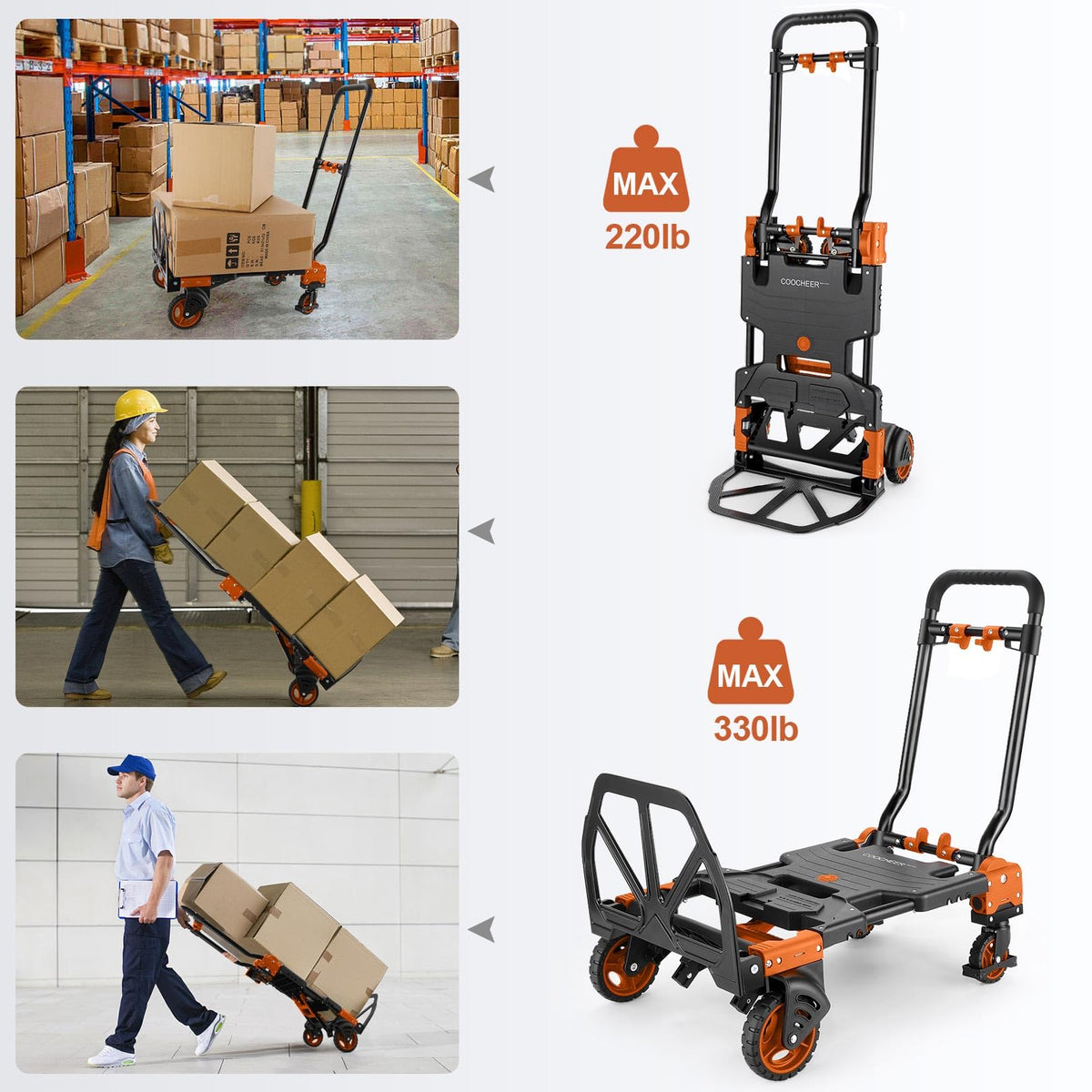 Folding Hand Truck Dolly, 330lb 4 to 2 Wheel Moving Cart, Orange F1314