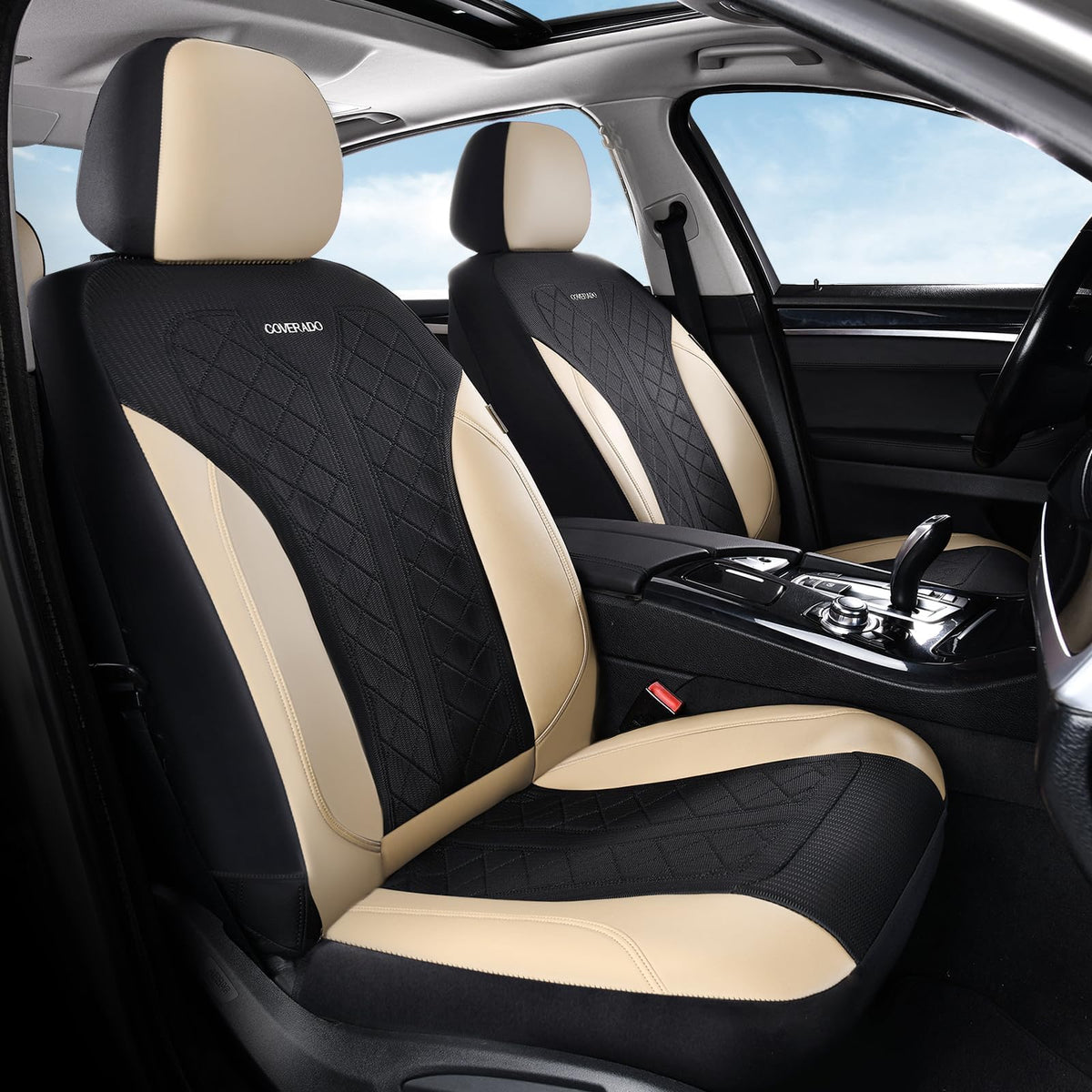 Beige 5-Piece PU Leather Mesh Car Seat Covers R710325