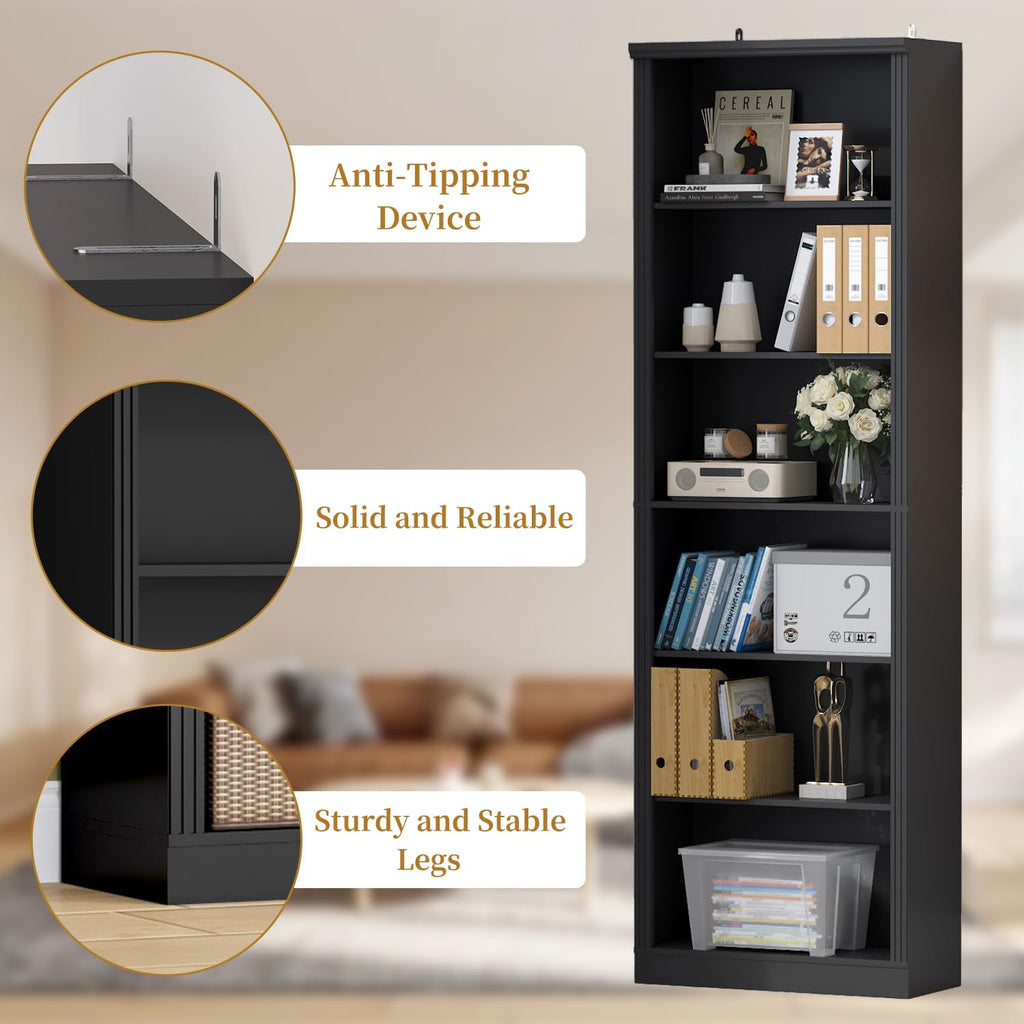 Black 75" Tall 6 Tier Adjustable Bookshelf N99858