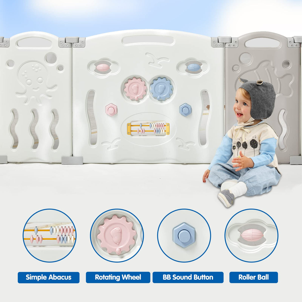 18 Panel Grey White Foldable Kids Playpen Safety Lock Gate J15412