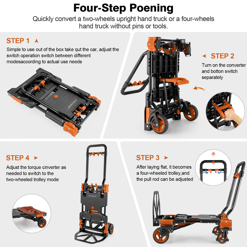 Folding Hand Truck Dolly, 330lb 4 to 2 Wheel Moving Cart, Orange F1314