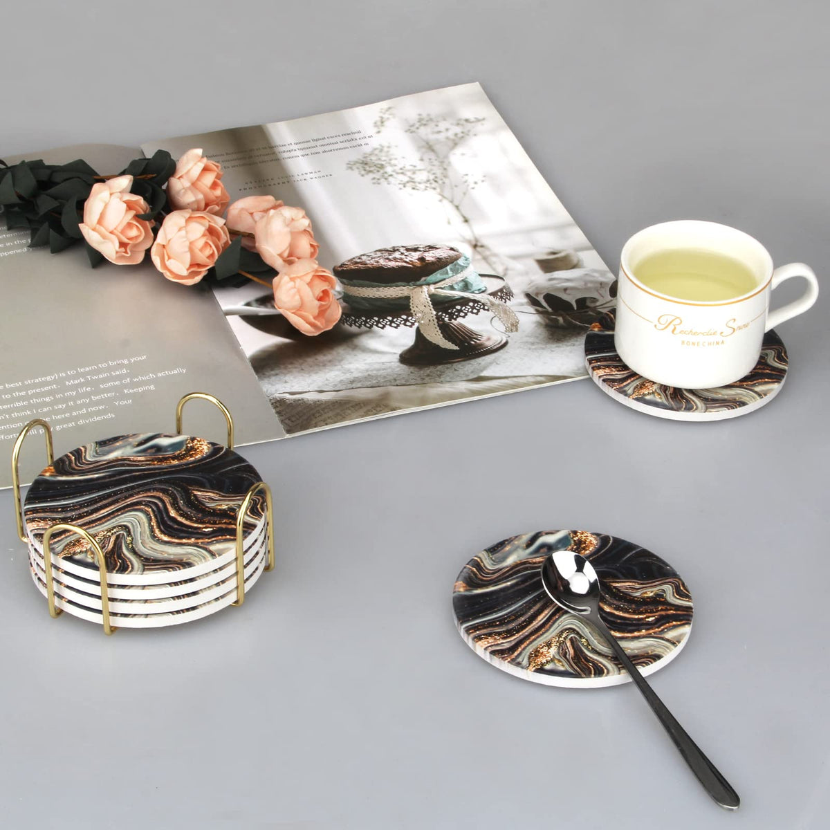 Black and Gold Marble Coasters with Holder X3861