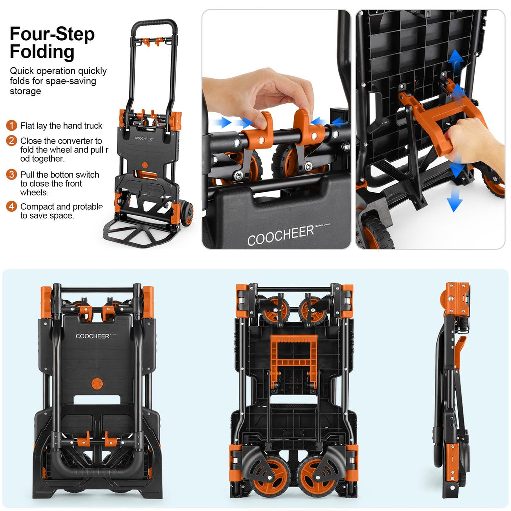 Folding Hand Truck Dolly, 330lb 4 to 2 Wheel Moving Cart, Orange F1314