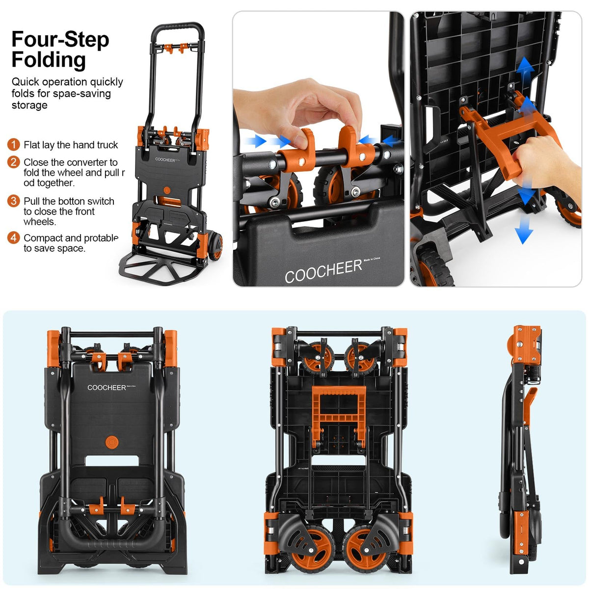 Folding Hand Truck Dolly, 330lb 4 to 2 Wheel Moving Cart, Orange F1314