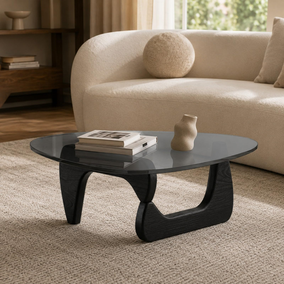 Glass Coffee Table with Wood Grain Base N951