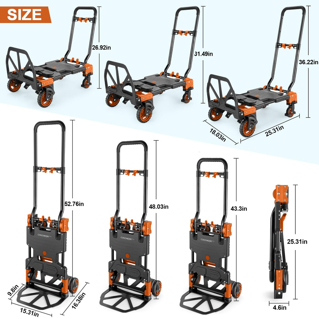 Folding Hand Truck Dolly, 330lb 4 to 2 Wheel Moving Cart, Orange F1314