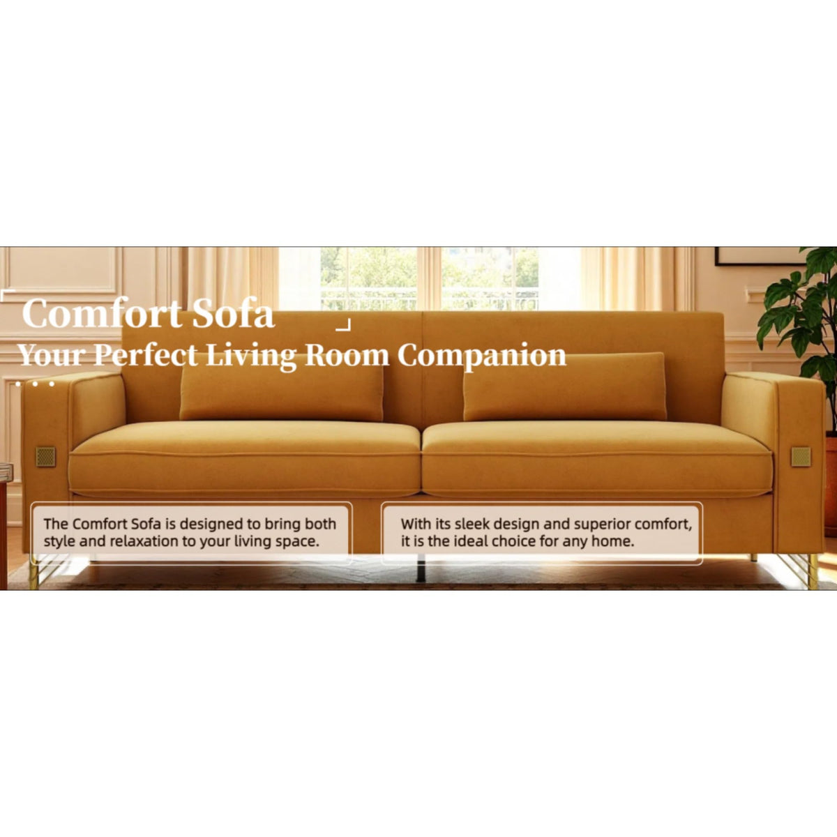 Orange Velvet Three-Seater Sofa with Metal Legs X4248