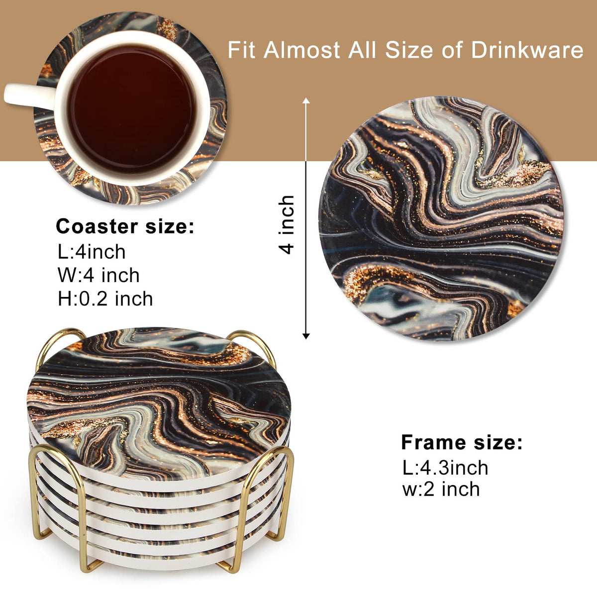 Black and Gold Marble Coasters with Holder X3861